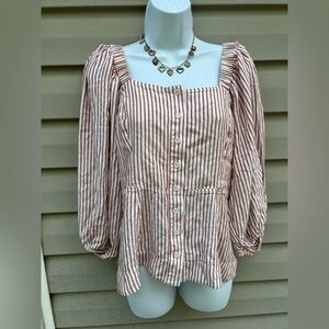 Cabi cabana stripe Large Coral Cream blouson sleeves beachy flowy festival